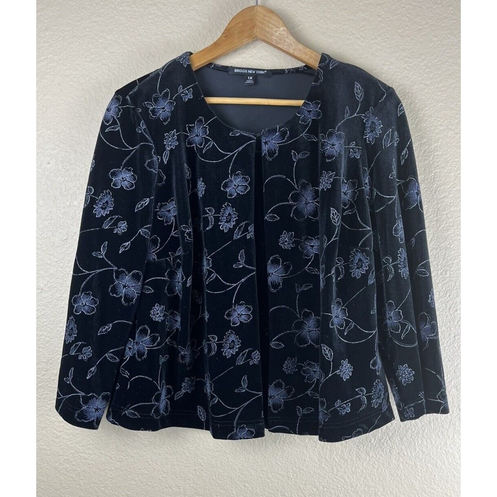 Briggs New York 1X Velvet Floral Open Front Jacket Black Silver Blue Lined